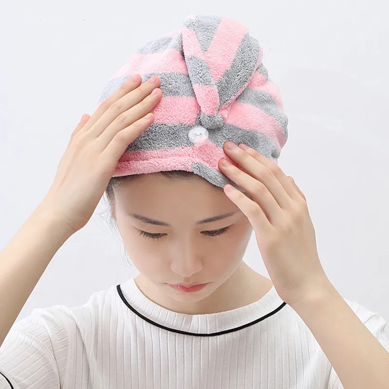 

Anpro Coral Velvet Dry Hair Bath Towel Quick Drying Turban Super Absorbent Women Hair Cap Wrap with Button Thicken