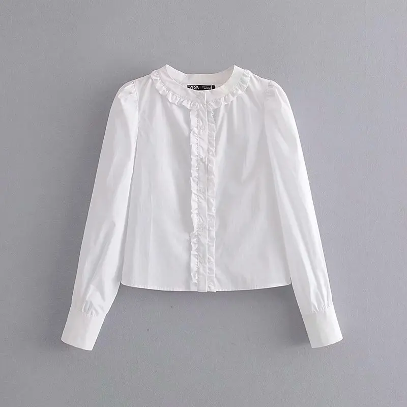 Поплин белая рубашка с длинным рукавом Женские топы с круглым вырезом Рубашки с оборками осень женские корейские Топы Лолита - Цвет: white