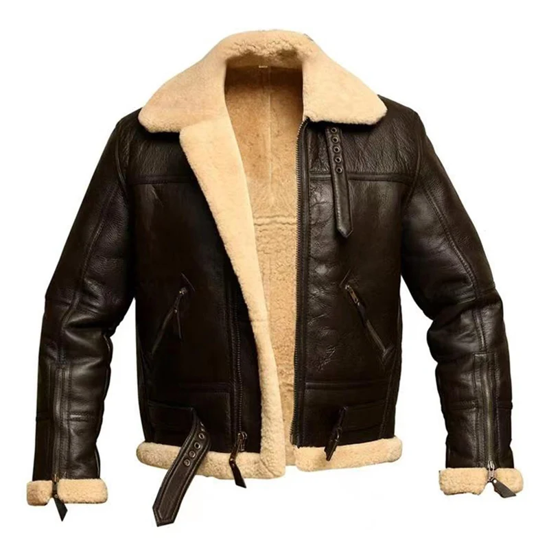 PU Jacket Bomber-Coat Motorcycle Faux-Sheepskin Winter Men New Turn-Down Thick Collar Casual Coats Streetwear slim fit leather jacket Casual Faux Leather