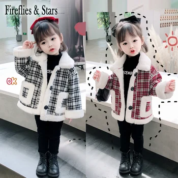 

Winter Girls Jacket Baby Coat Toddler Outwear Kids Warm Clothes New Fashion Gunny Check Rabbit Hair Velvet Patch 2 To 7 Yrs