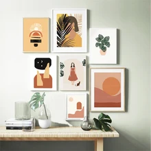 Impresiones de estilo nórdico abstracto chica planta hoja Vintage póster minimalista pared arte lienzo pintura cuadros de pared para decoración de sala de estar