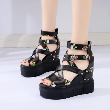 

2020 Sandal female 12cm ultra high heel thick bottom muffin fish mouth cross strap summer fashion inside heighten cool slippers