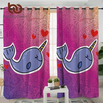 

BeddingOutlet Narwhal Bedroom Curtain for Kids Cartoon Living Room Curtains Purple Whale Blackout Curtains Floral Window Curtain