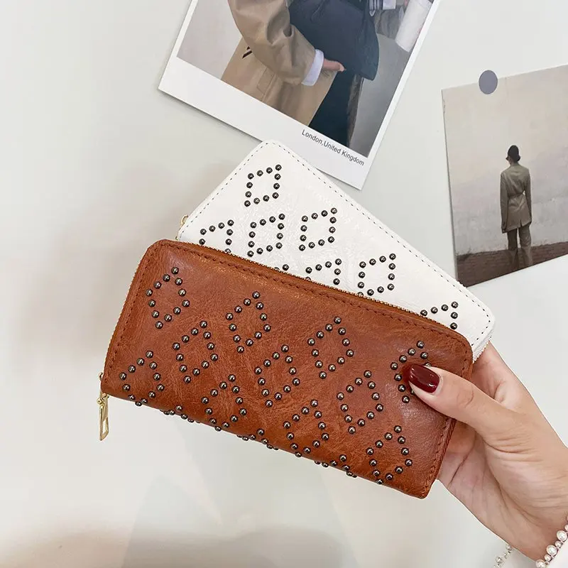 

Leather Luxury Wallet for Women Many Departments Women Rivet Wallets Card Holder Purse Female Purses Long Clutch