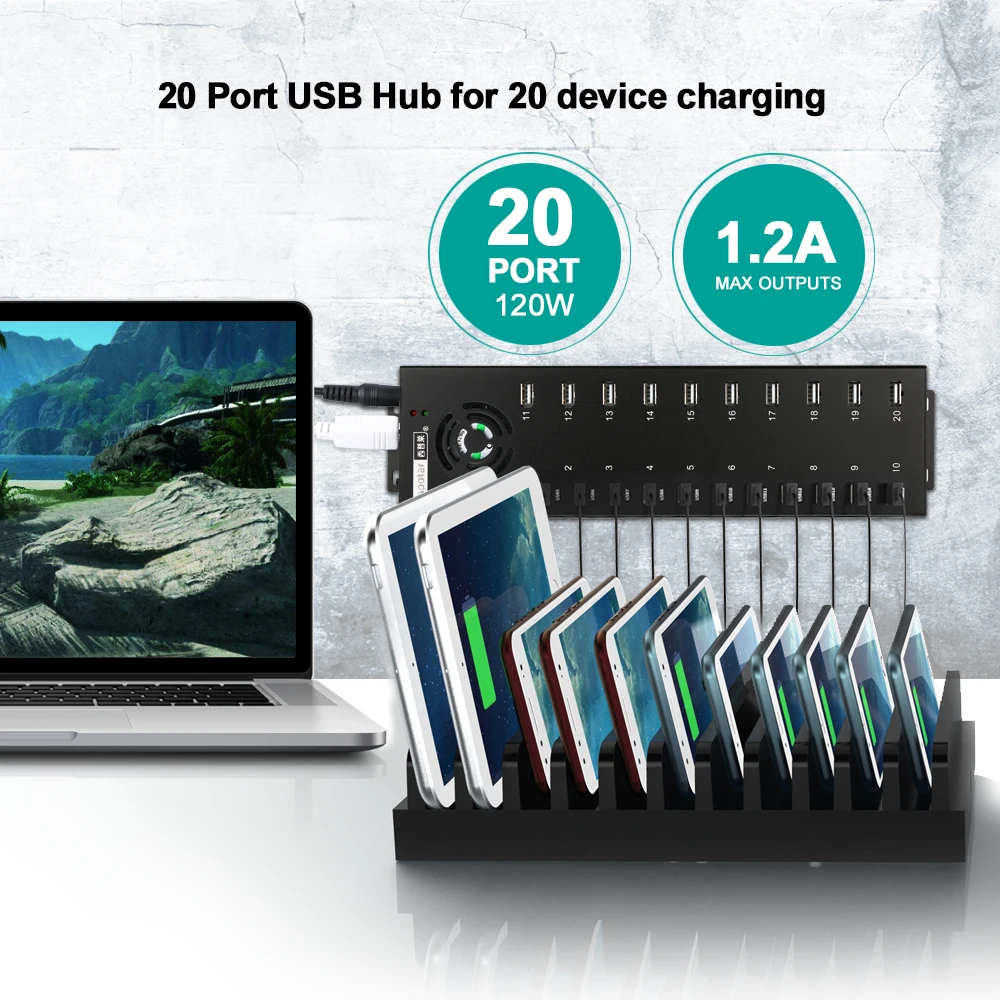 Sipolar multi 20 ports USB 2.0 charger hub with external 12V10A desktop power adapter for data syncs and phone tablets charging 2