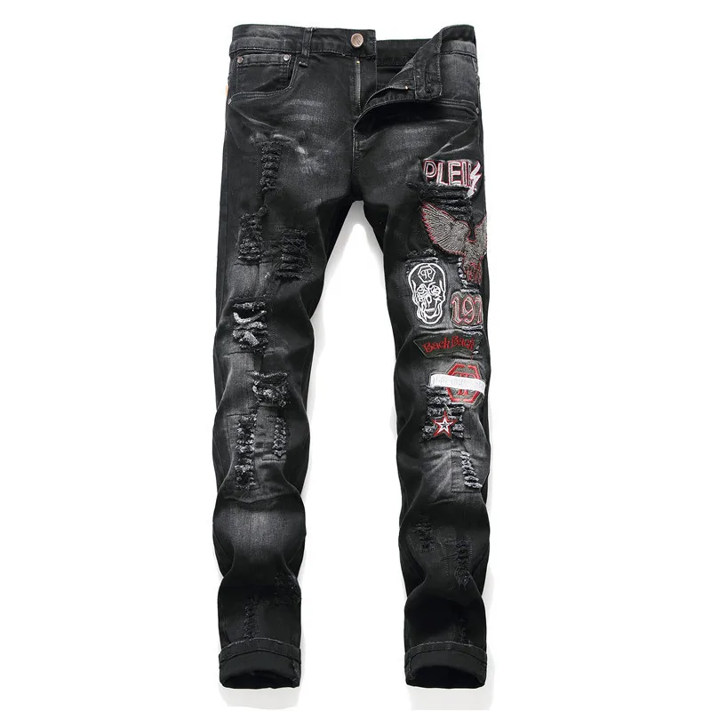 

Autumn And Winter New Style Washing Frayed Applique Embroidered Eagle Embroidery Men's Slim Fit Pants Elasticity Jeans