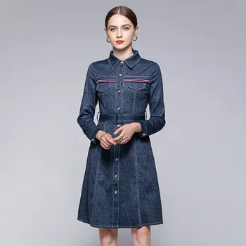 

Denim Dress Women 2020 Autumn WInter Turn Down Collar Long Sleeved Single Breasted Slim Belted A-Line Fashion Clothes S-XXL