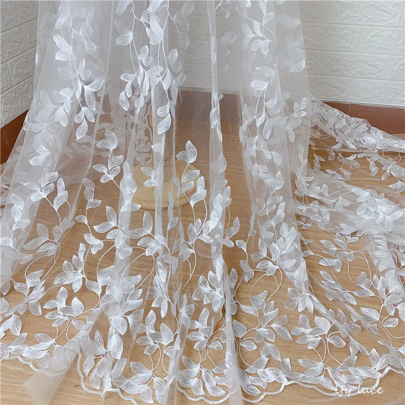

1 Yard High End Light and soft beautiful leaves mesh tulle embroidered fashion afrian french lace fabric for wedding dress