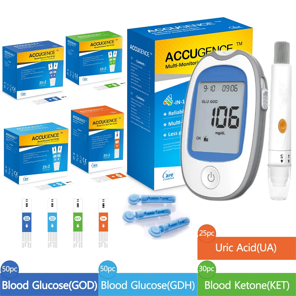 

4 in1Home Medical Multifunction Blood Glucose Meter GOD&GDH and Blood Ketone&KET Glucometer kit Uric Acid Diabetes gout Tester