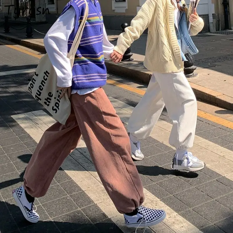 

Corduroy Casual Pants Tie Feet Spring Autumn Harajuku Loose Streetwear All-match Vintage Leisure High Waist Korean Style New Ins