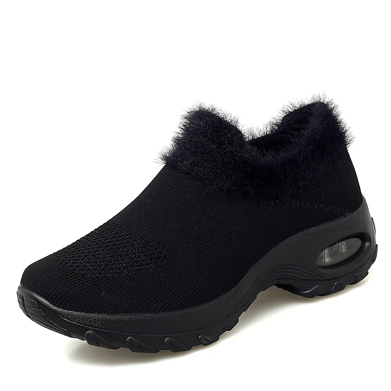 Winter Sneakers Womens Shoes Flats Platform Boots Plush Warm Walking Boots Flyknit Footwear Female Wedge Shoes Big Size 42 - Color: Black