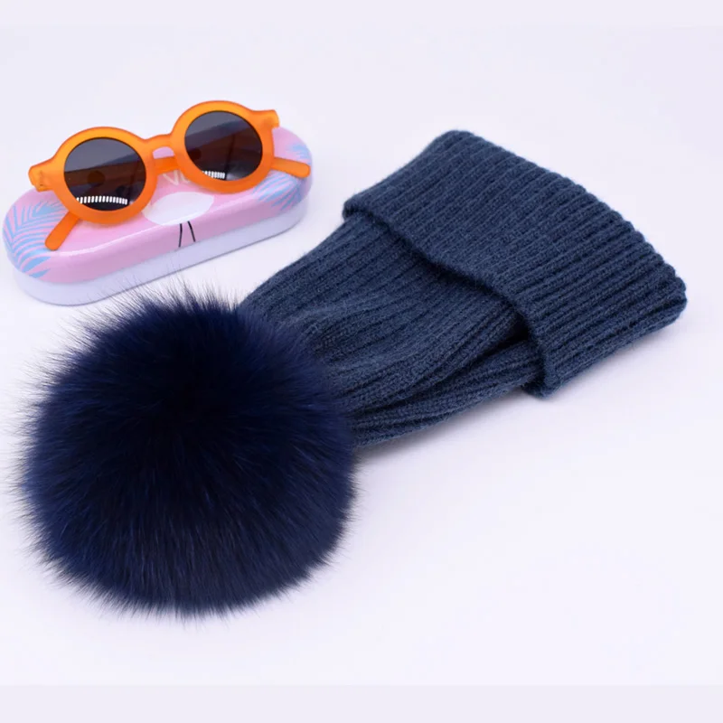 Новинка, зимняя шапка, роскошные качественные шапки с меховым помпоном, шапка высокого качества для девочек, женские зимние шапки - Цвет: wool blue fox fur
