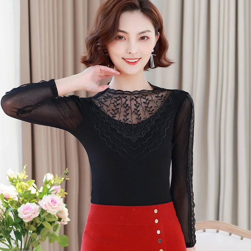

COIGARSAM Casual Lace blouse women New Spring Full Sleeve Chiffon Mesh Turtleneck blusas womens tops and blouses Khaki Rose 9328