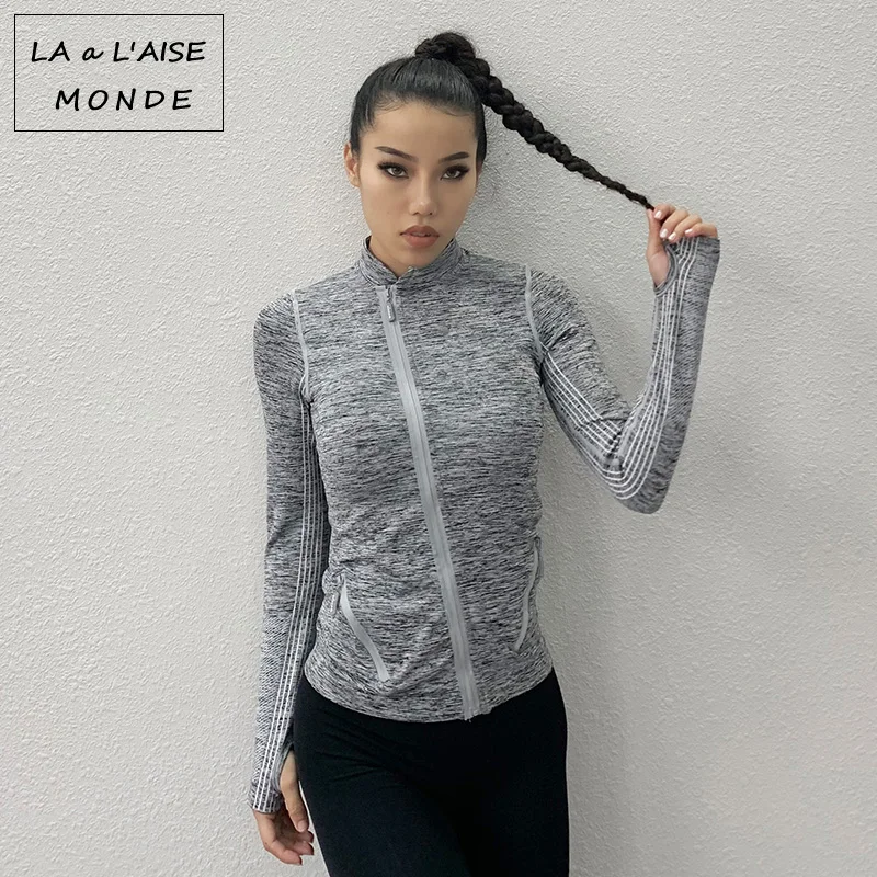 

New Ladies Fashion Diagonal Zipper Sports Long Sleeve Dyed Quick-Drying Shirt Slim Yoga Fitness Sport Top Fitness Women