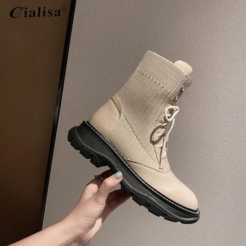 

CIALISA Women Shoes 2020 Fashion Autumn Winter Black Platform Boot Genuine Leather Round Toe High Heel Ankle Boots Lace Up