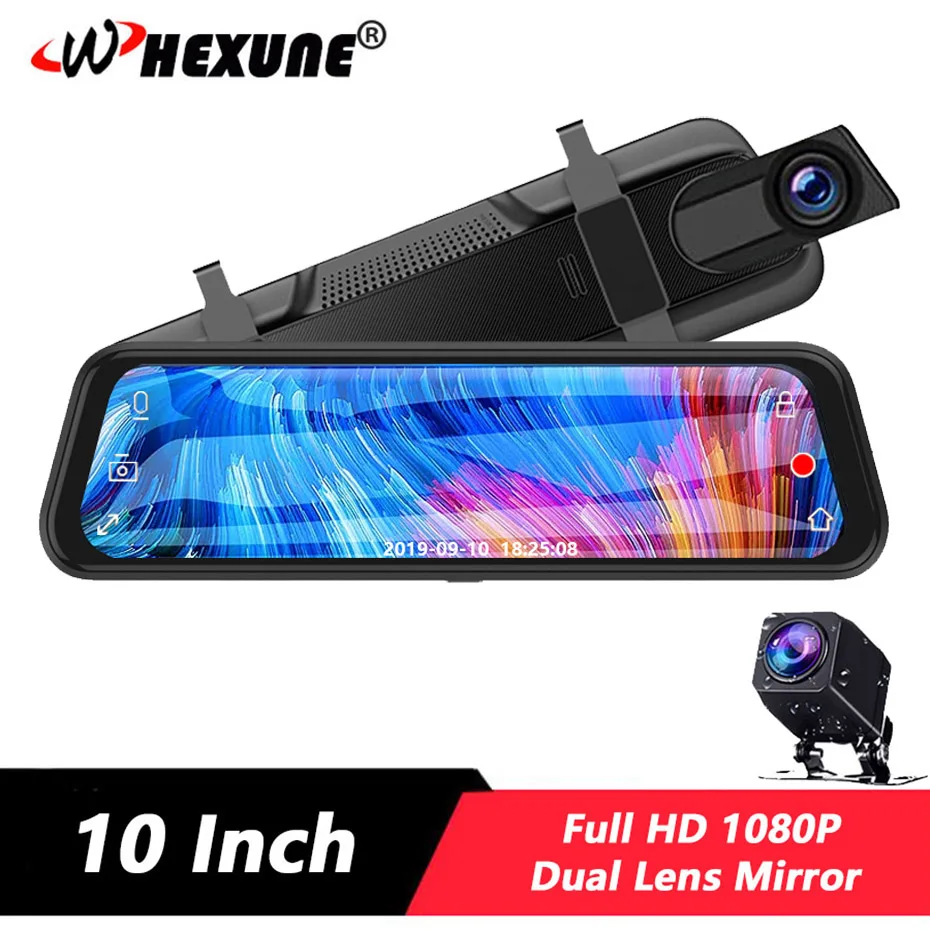 

WHEXUNE 10" IPS Touch screen Car Rearview Mirror Dash cam FHD 1080P car camera dvrs Dual lens car video Recorder autoregister