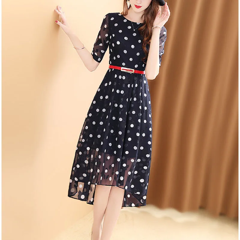 

Summer Dress WOMEN'S Short Sleeved 2019 Popular New Style Fashion Polka Dot Printed Lace-up Waist Hugging Asymmetric Skirt Fashi