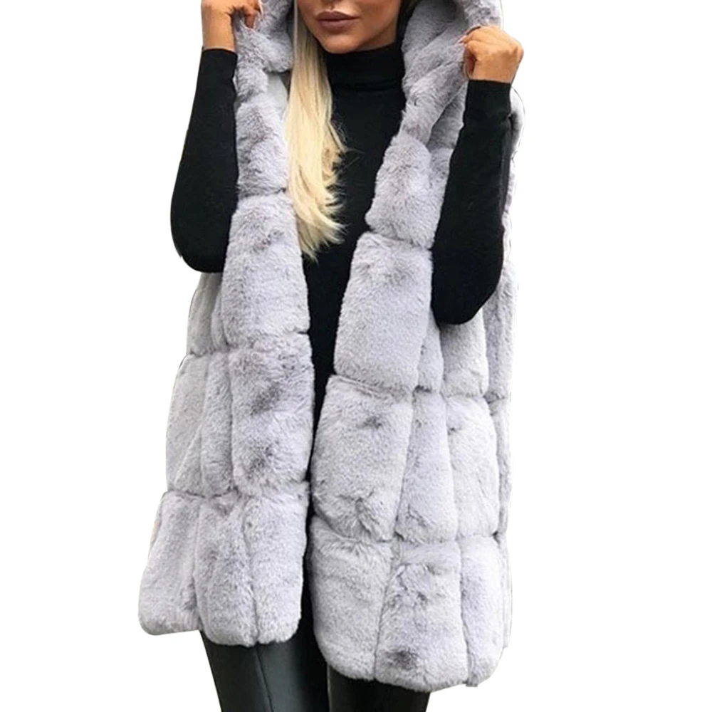 WENYUJH New Arrival Women Winter Vests Coats Faux Fur Gilet Vest Sleeveless Waistcoat Warm Femme Hooded Long Jacket Outwear - Цвет: Gray