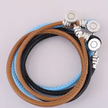 925 пробы серебряный браслет Многоцветный двойной кожаный с логотипом Кнопка Пряжка для браслета на запястье Fit бисера Шарм Diy Европа ювелирные изделия