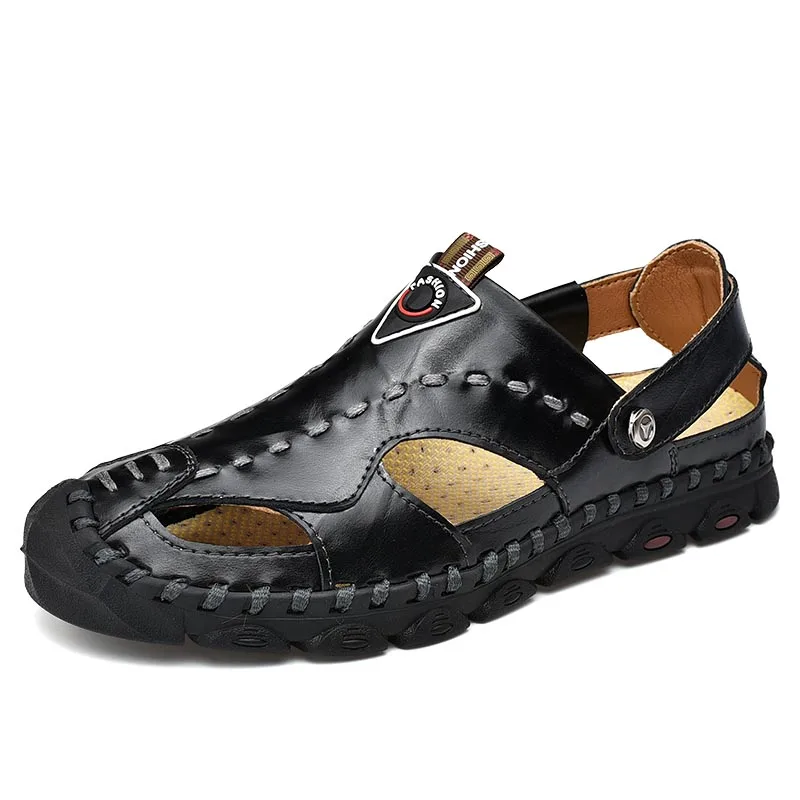 Male Comfortable Summer Beach Breathable Men Sandals Rome Genuine Leather Men's Sandal Moccasins Man Causal Shoes - Цвет: Черный