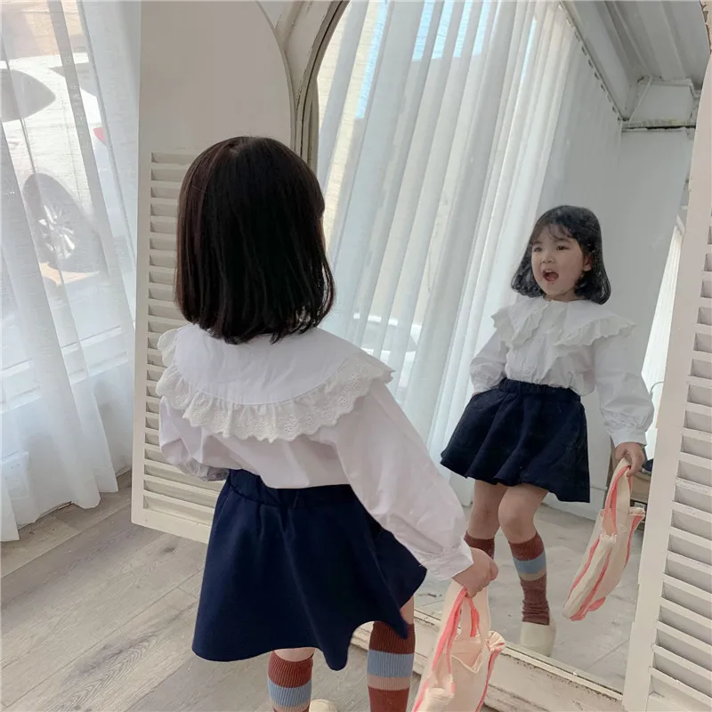 Autumn New Arrival Girls Lace Collar Blouse Kids White Long Sleeve Blouses Baby Girl Blouse White Shirt AA4066