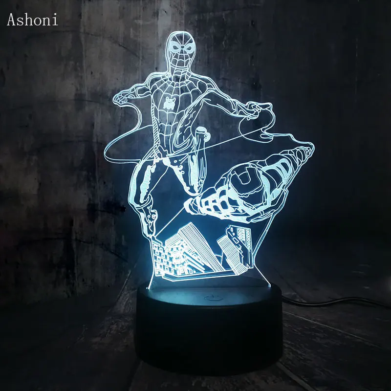 Несколько стилей 3D светодиодный Marvel летающий человек-паук ночник настольная лампа сенсорный контроль 7 цветов Изменение USB Дети Рождественский подарок