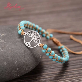 

Tree Charm Stone Wrap Bracelets Turquoise African Japser String Braided Bracelets Yoga Friendship Lover Bangle Bohemian Bracelet