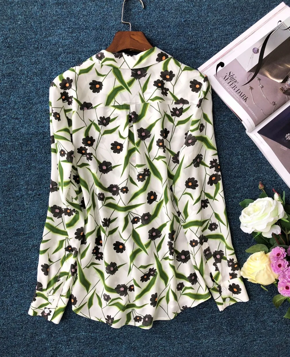 

Women100% Silk Blouse Green Leaf Flower Print Long Sleeve Romantic Spring Autumn Shirt