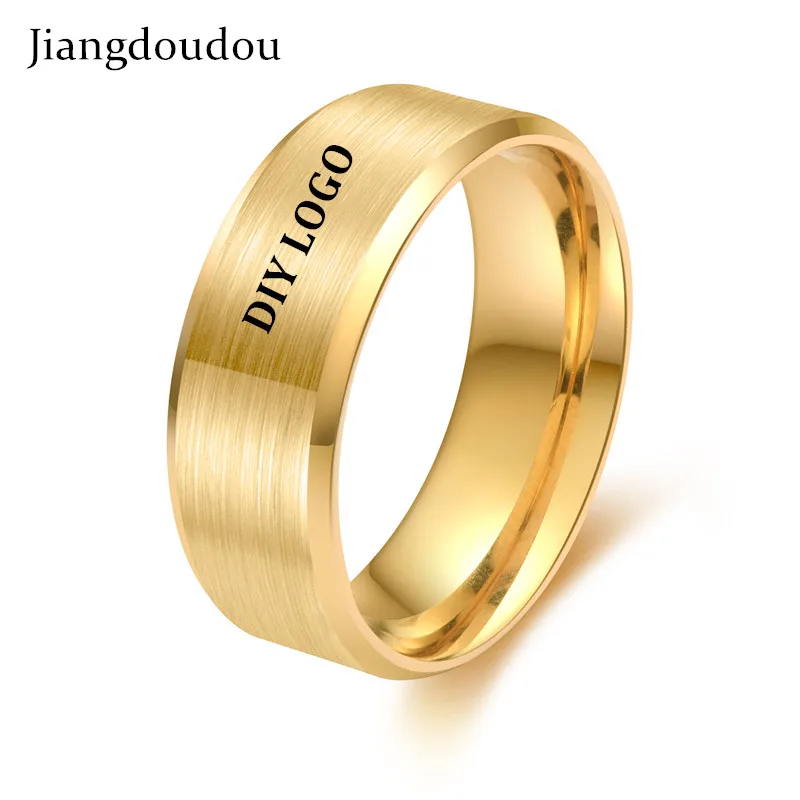 

Customization DIY Laser Logo Mens Ring CZ Wedding Band Gold Titanium Rings Personalized Engrave Name Ring for Men 8MM Jewelry