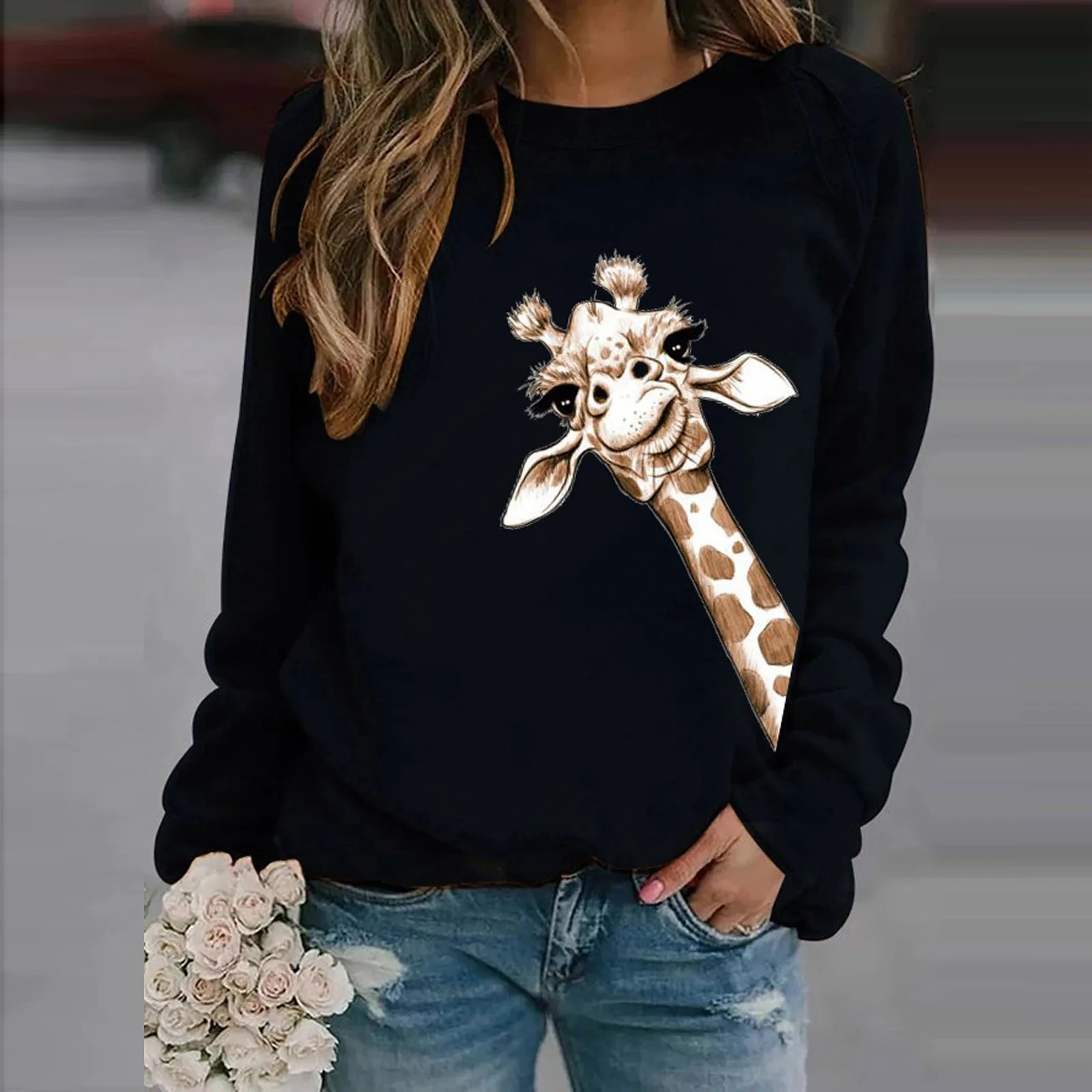 4 # mujeres suéteres de invierno Casual Tops de manga larga señoras dibujo de jirafa suéteres camiseta de Jersey elegante jersey de otoño Худи 2020