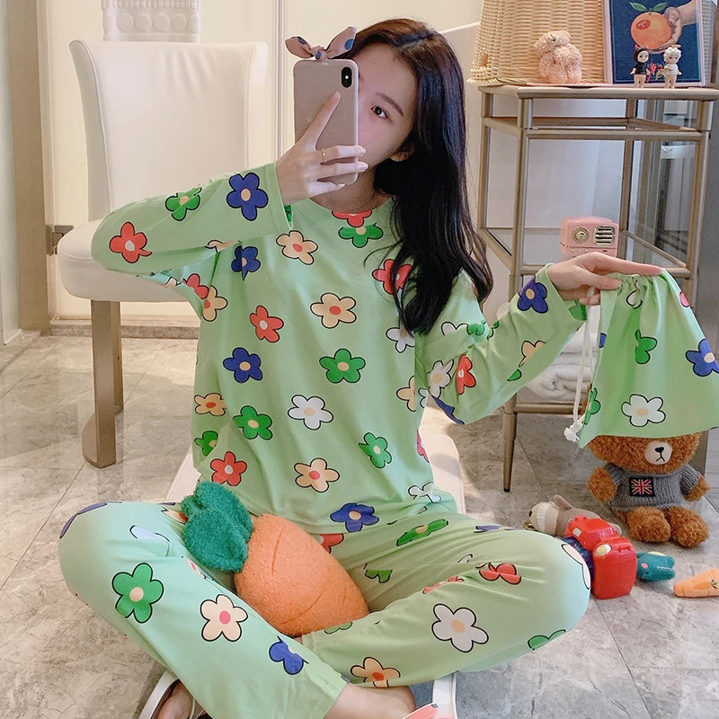 

3 Pcs New Lazy Princess Style 2020 Spring Summer Women Pajamas Set Cute Long Sleeve Women Sleepwear Long Pant Thin Pajamas