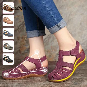 

Roman Leather Sandals Woman Summer Shoes Casual Hollow Wedge Sandals Plus Size 34-46 Ladies Beach Shoes Sandalias Mujer 2020
