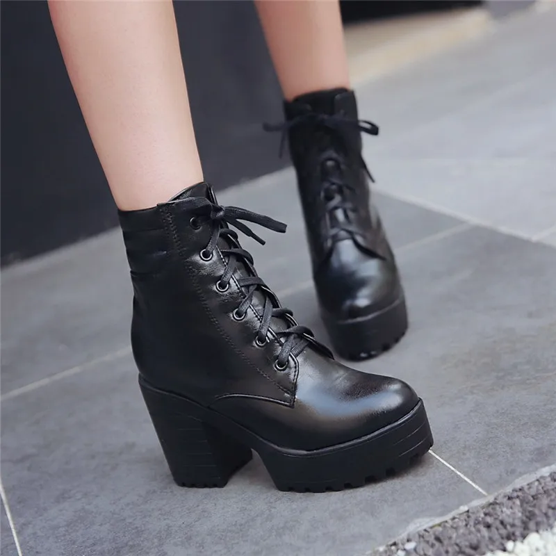 

Punk Platform Lace Up Ankle Block Heel Boots White Black Chunky Heels Ladies Plus Size Autumn Shoes Goth Motorcycle Boot