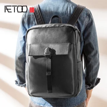 

AETOO Genuine leather fashion men's backpack, top layer leather trendy backpack, large capacity leisure computer bag