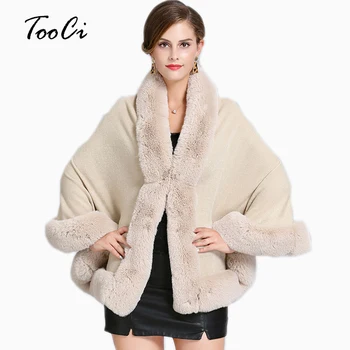

New Fashion Women Faux Fur Coat Spring Beige Sweater Cardigan Female Fox Fur Collar Poncho Cape Wool Shawl Cape Coat