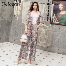 Delocah/ Модный осенний Повседневный костюм для подиума, женский кружевной блейзер с длинными рукавами и широкие брюки с разрезом, комплект из двух предметов