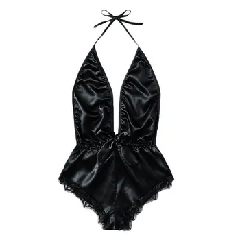 

Women V-neck Lace Stain Bow Lingerie Bodysuit Sleepwear Pajamas Silk Jumpsuit Solid Color Onesies For Sexy Ladies #3