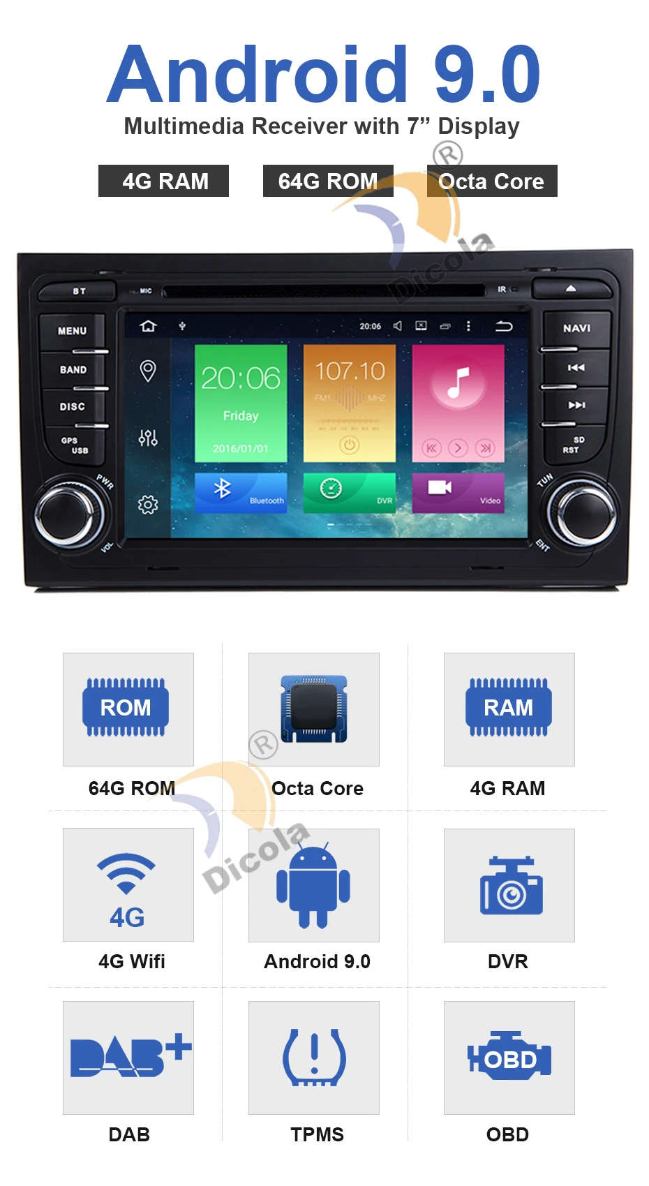 4G+ 64G 2 Din 7 ''Android 9 Octa Core радио автомобиль DVD плеер для автомобиля Audi A4 B6 B7 S4 B7 B6 RS4 2002-2008 RS4 B7 сиденье Exeo 2008-2012
