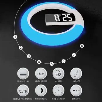 

LED Mirror Hollow Wall Clock Creative With Alarm Temperature Ring Light Switch 11UA