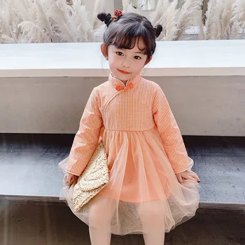 

2 3 4 5 6 Years Baby Girl Dress Spring Autumn Plaid Long Sleeve Princess Dress Hanfu Mesh Dress Kids Clothing New Arrival 2020