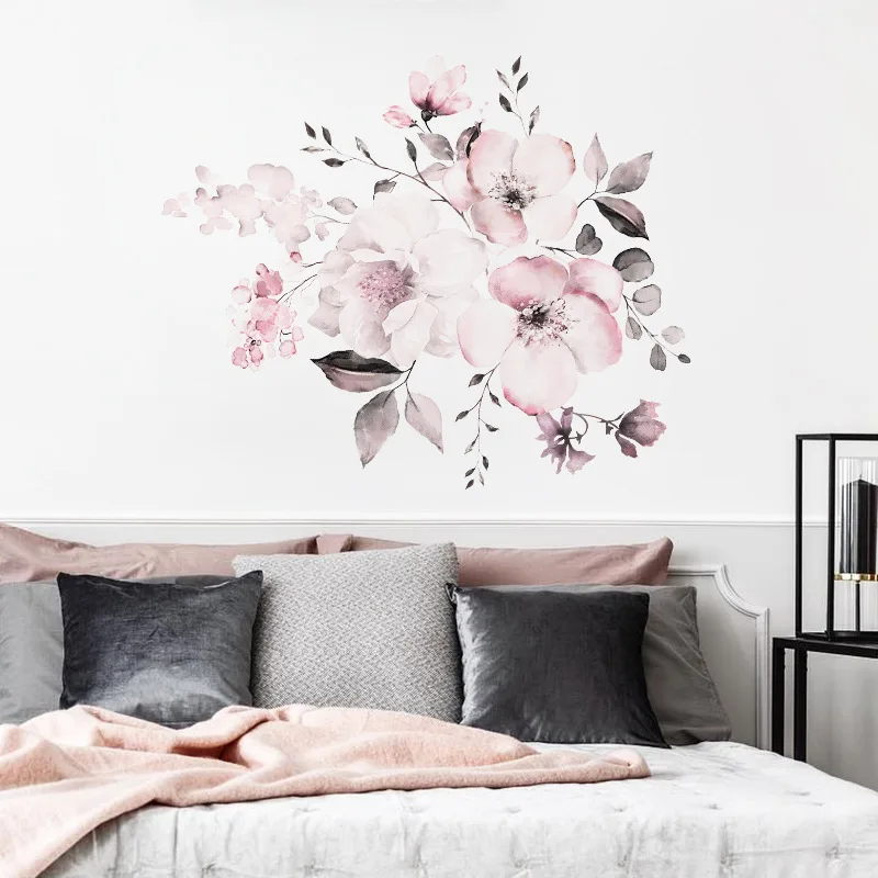 Water Color Pink Flowers Wall Stickers Bedroom Living Room Decoration Mural Home Decor Decals Flower Cluster Wallpaper