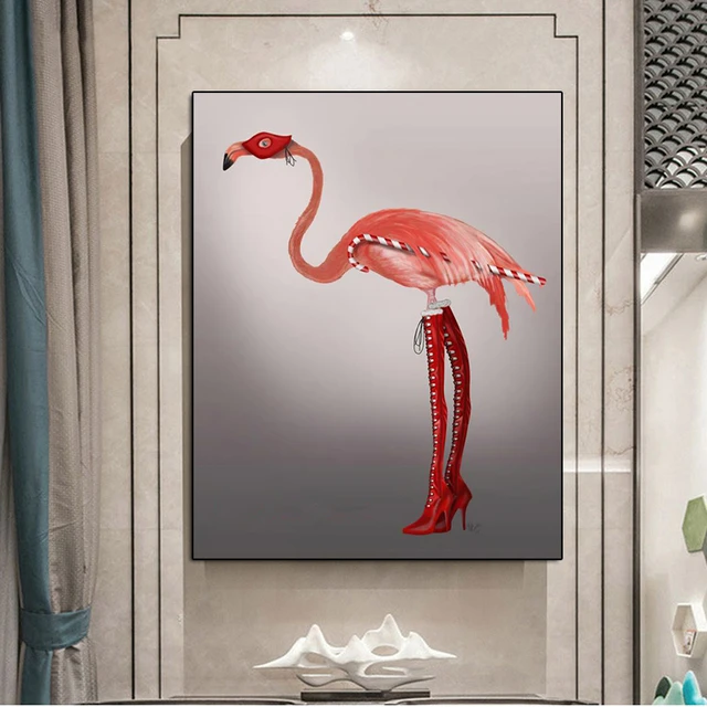 Flamingo With High Leather Boots And Mask Canvas Painting Modern