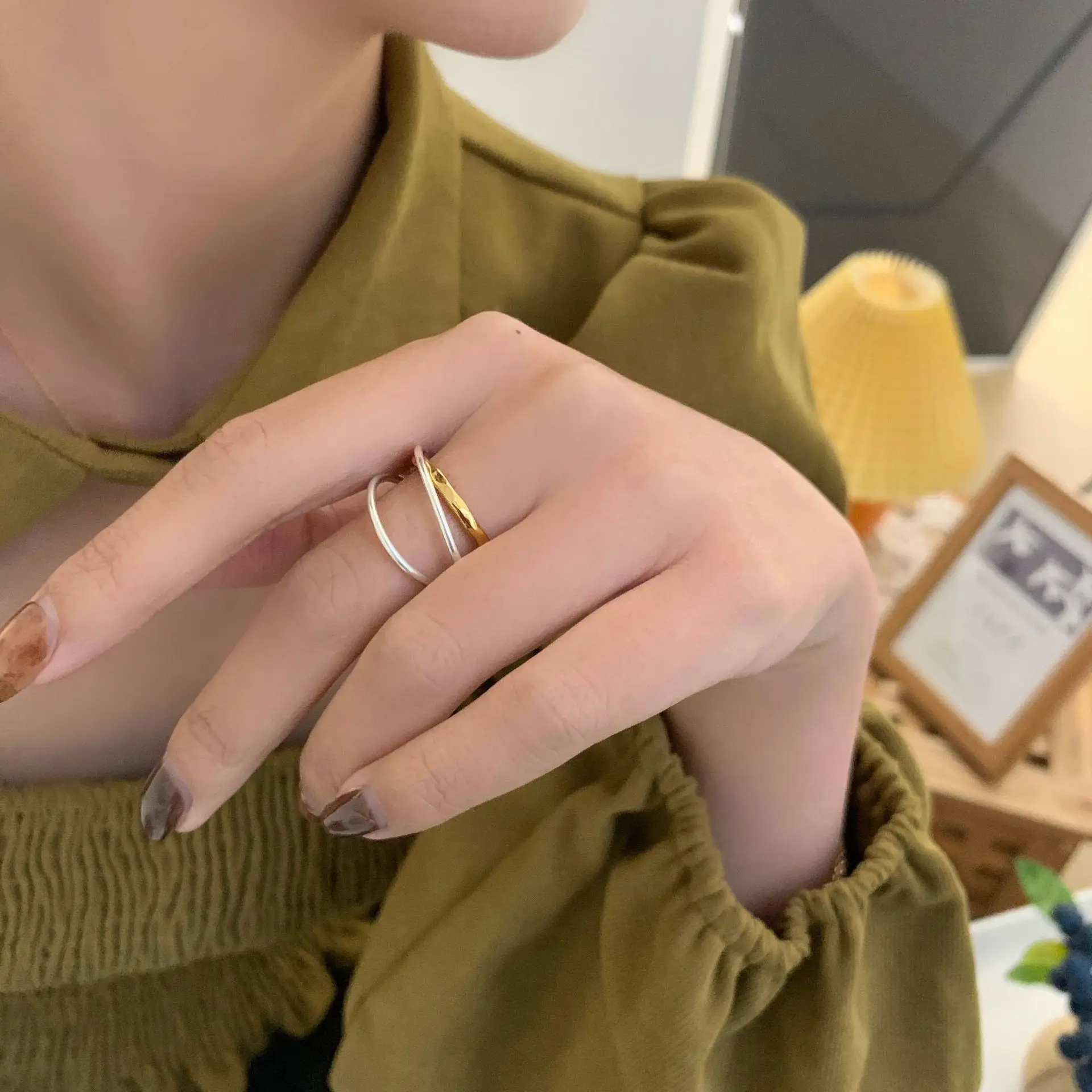 HUANZHI Vintage Metal Splicing Golden Silver Color Contrast Curve Cross Twist Opening Adjustable Ring for Women Jewelry finger ring,ring set,adjustable rings,gold color ring,gold color rings,opening ring