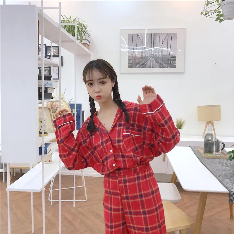 Новые пижамы для женщин корейские свободные пижамы с длинными рукавами клетчатые пижамы женские хлопковые повседневные комплекты из 2 предметов Pigiama Donna Прямая поставка