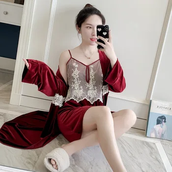 

Kimono Gown Casual Soft Bath Gown Sleepwear Sexy Lace Burgundy Robe Set Nightdress Warm Velvet Lady Nighty&robe Set Homewear