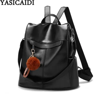 

YASICAIDI Vintage PU Leather Backpack Women Anti Theft Bagpack Fur Ball Decor Travel Shoulder School Bag For Teenager Girls 2020