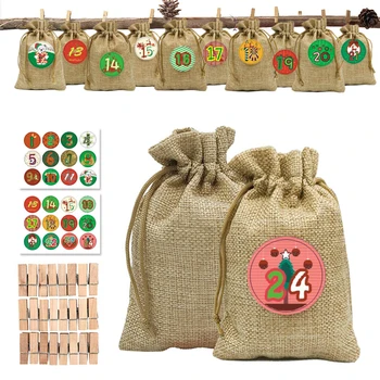 

24pcs Christmas calendar countdown storage candy burlap bag Christmas advent calendar fabric bag, DIY 24 number button