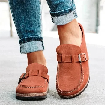 

Women's Loafers 2020 Summer Slip On Casual Comfy Leather Buckle Suede Ladies Flat Shoes 35-43 Soft Female Flat Sandals Shoes