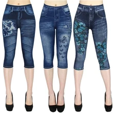 Print Short Legging Women Jeggings Perfect Fit Jeans Leggings High Waist Elastic Capri Leggins Pants Summer Breeches False Denim