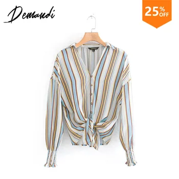 

Demandi 2020 spring women's long-sleeved fashion design color stitching vertical striped hem bow casual shirt